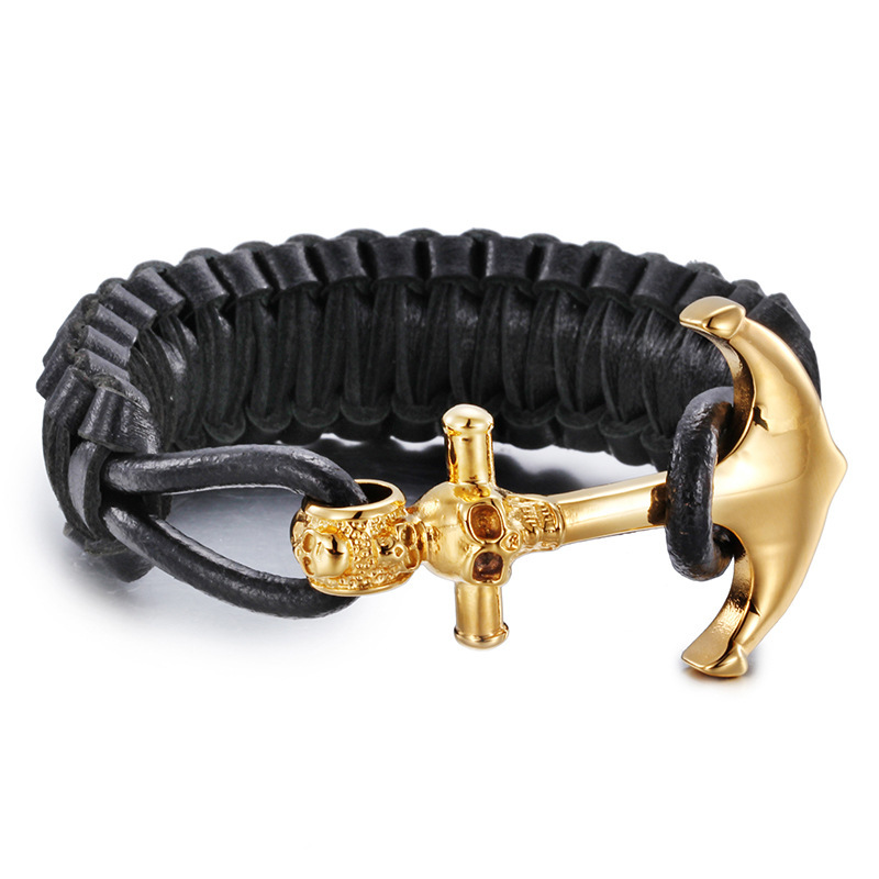 [Clearance] Genuine Leather Woven Titanium Steel Anchor Bracelet Cross-Border Jewelry Pirate Anchor Chain Style Personalized Bracelet
