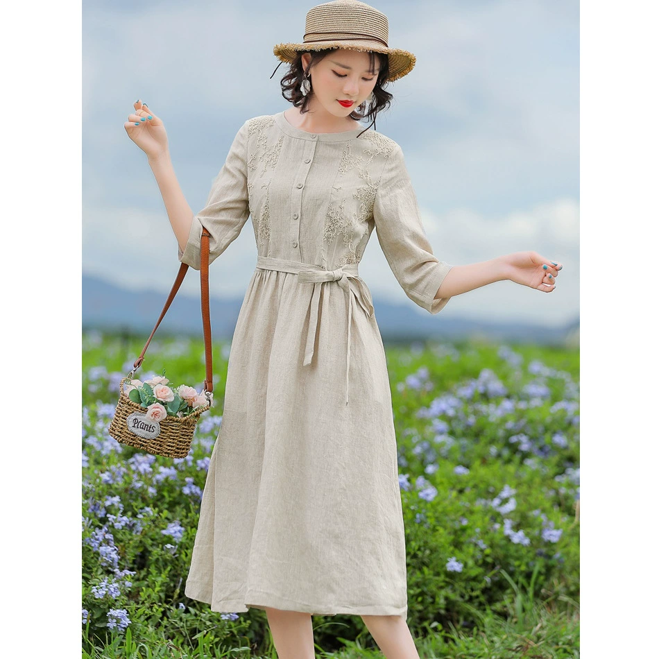 Оригинальное женское длинное платье в стиле ретро, длинное платье с вышивкой из чистого льна, вышивкой росы, юбка с семью точками рукавами, 2020