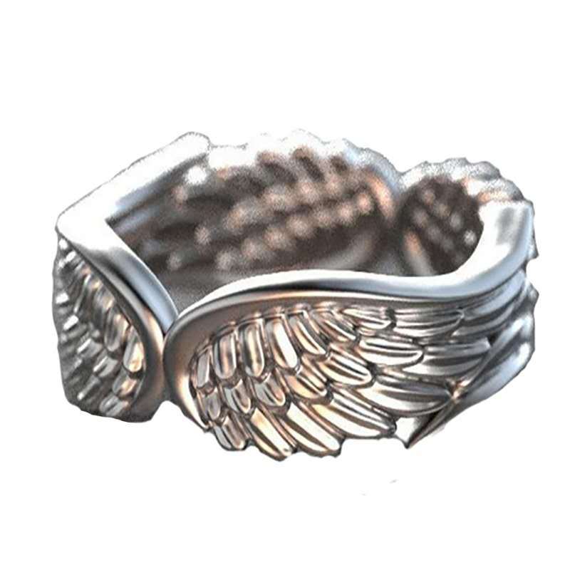 Anillo de Plumas con Alas de Ángel de Diseño Original Popular Transfronterizo, Anillo Negro de Plata Tailandesa Retro Europeo y Americano
