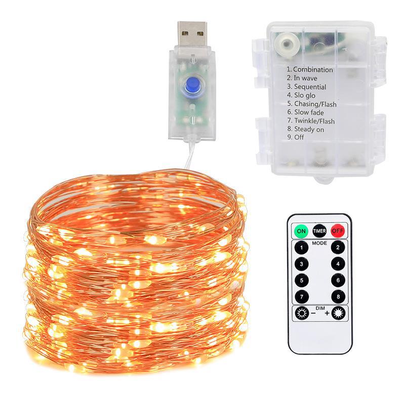 LED copper wire string lights, decorative background lights, USB 8-function remote control waterproof lights, copper wire lights, GCC certified.