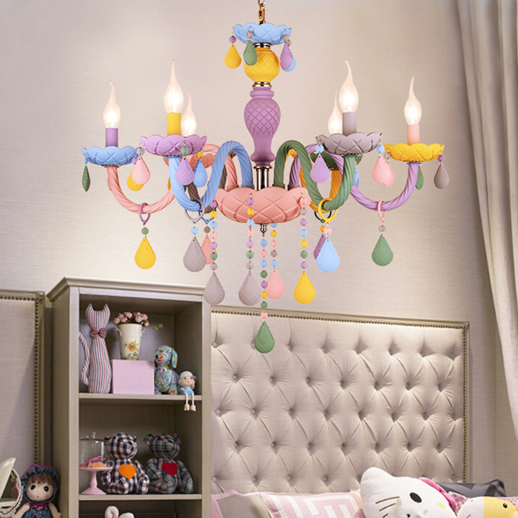 儿童房马克龙吊灯女孩创意美式餐厅灯水晶彩色公主卧室灯ins网红