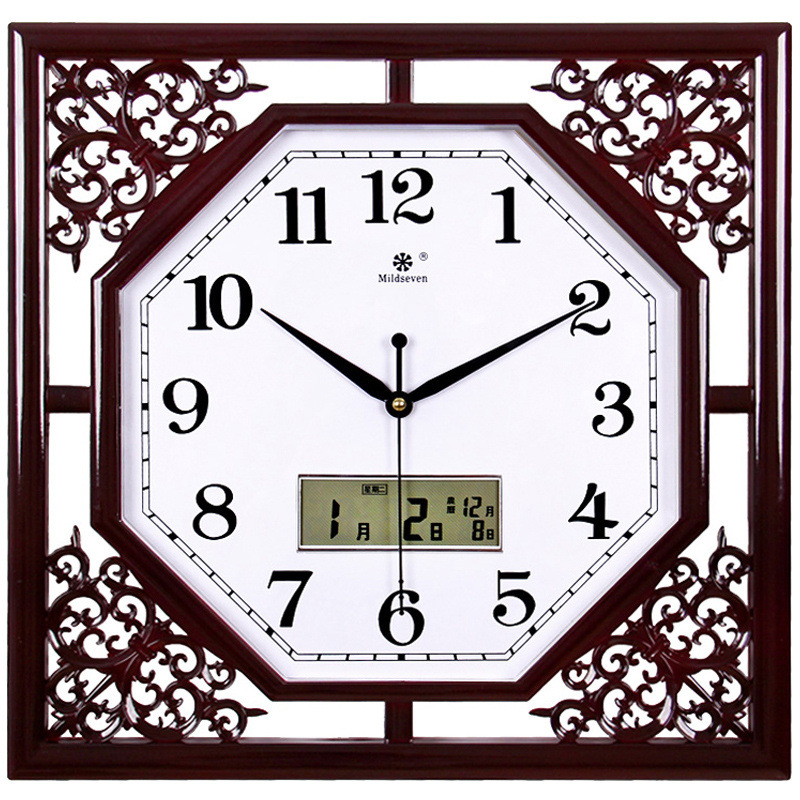 Chinese style wall clock living room square retro creative new Chinese household electronic quartz clock calendar clock Wall watch