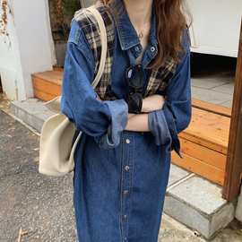 实拍 自制款 设计感长袖牛仔衫裙女韩版显瘦连衣裙时尚气质