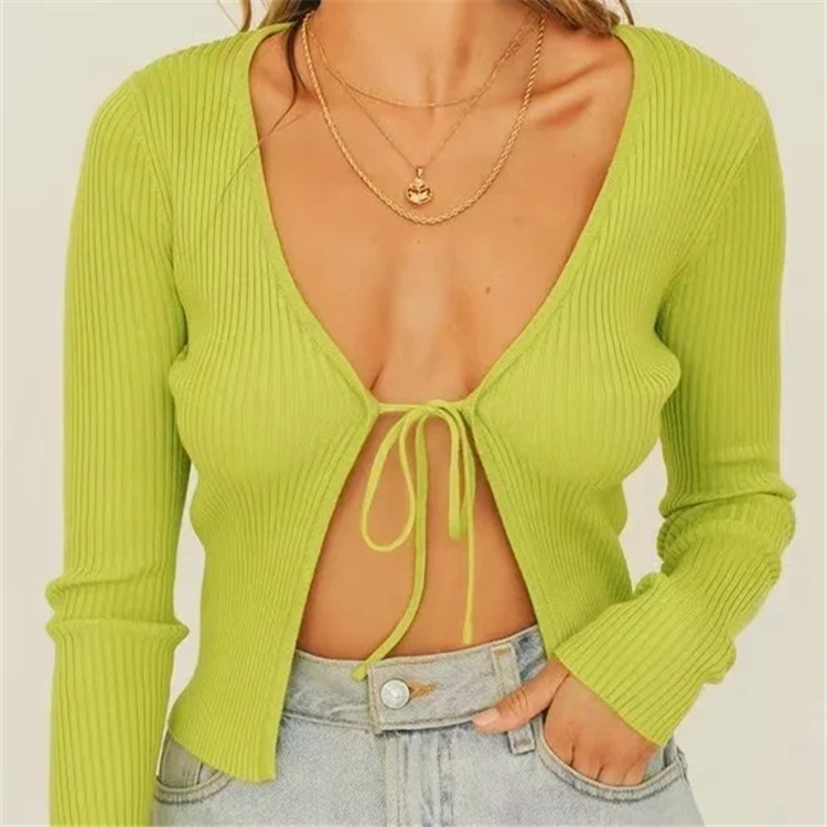 Foreign Trade Women's Clothing Amazon European and American Popular Strappy V Neck Knitwear Short Slim Fit Women's Knitted Cardigan