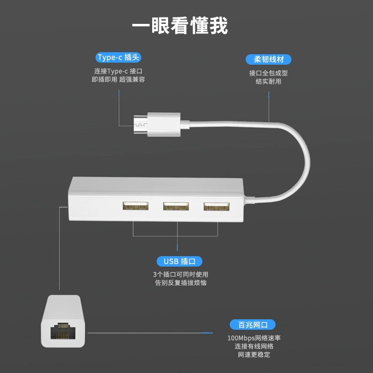 Кросс-б border TYPE-C свободный драйвер сетевой карты 100М с 3 портами 2.0 USB-хабом до RJ45 liner