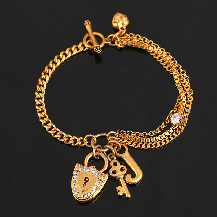 Women's Trendy Niche Design Fashion Gold-Plated Jewelry with Diamonds, Small Lock, Key, Heart, Multi-Pendant T-Buckle Bracelet, Chinese Valentine's Day Gift