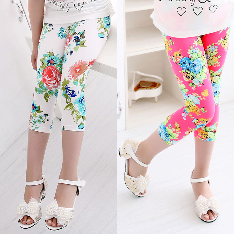 어린이 바지 2019 봄과 여름 어린이 소녀 인쇄 우유 실크 크롭 레깅스 큰 아이 크롭 바지 도매