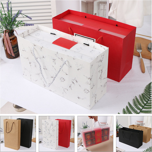 Long paper bag mooncake packaging handbag kraft paper bag transparent baking packaging rope bag direct sales