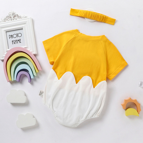Baby Summer One-Piece Suit Crawling Suit Egg Yolk Diaper Suit for Boys and Girls Summer Outfit with Headband Newborn Outing Wear