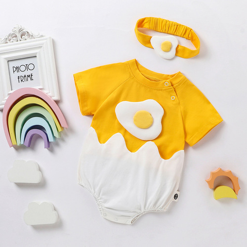 Baby Summer One-Piece Suit Crawling Suit Egg Yolk Diaper Suit for Boys and Girls Summer Outfit with Headband Newborn Outing Wear
