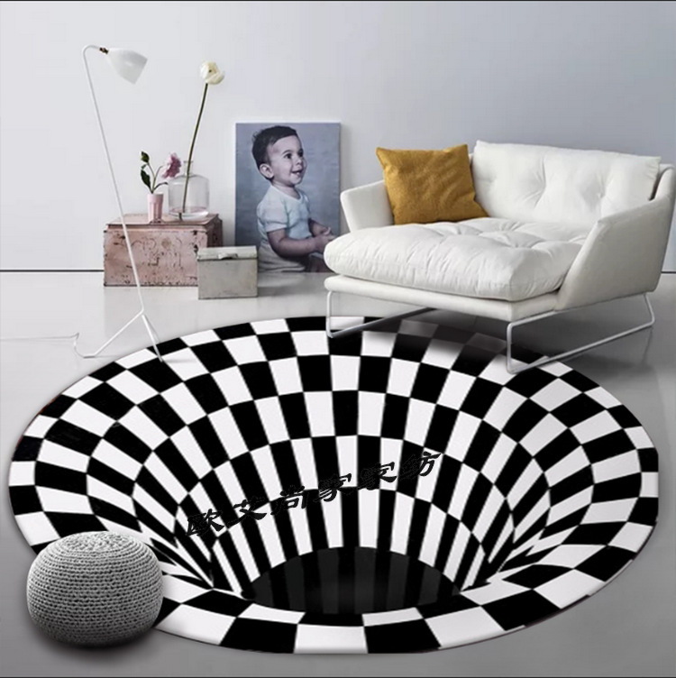 跨境黑白螺旋立体视觉圆形地毯地垫几何客厅卧室地毯艺术茶几地毯