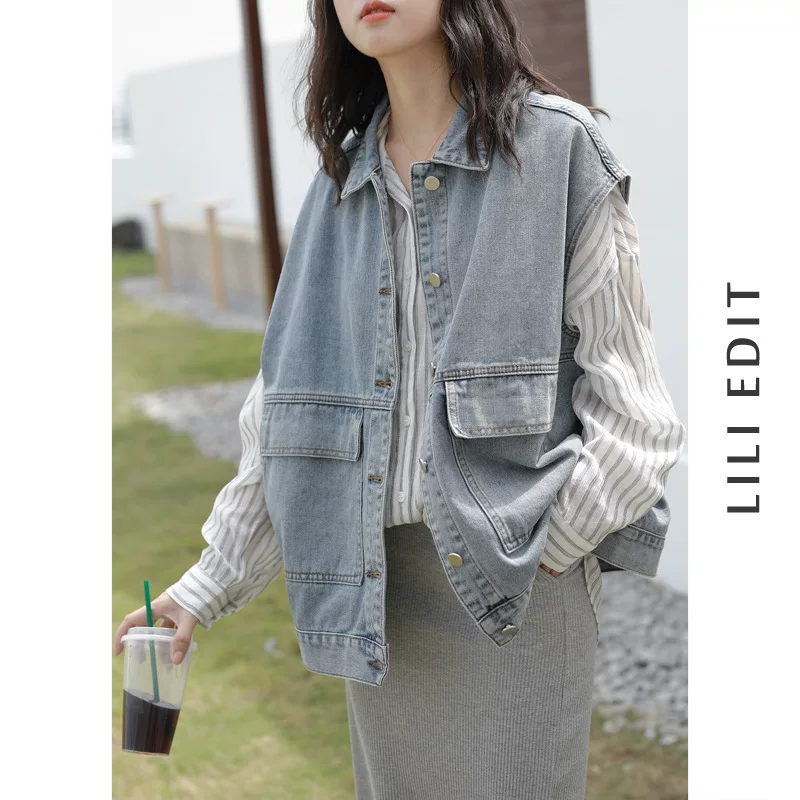 Denim vest, autumn jacket sleevless, Korean style