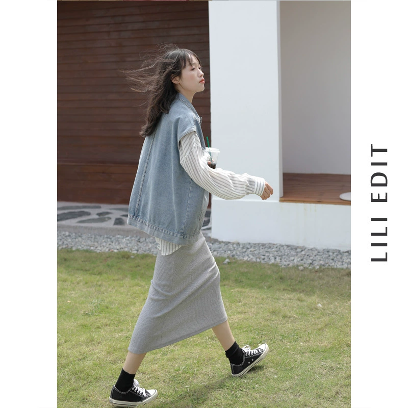 Denim vest, autumn jacket sleevless, Korean style