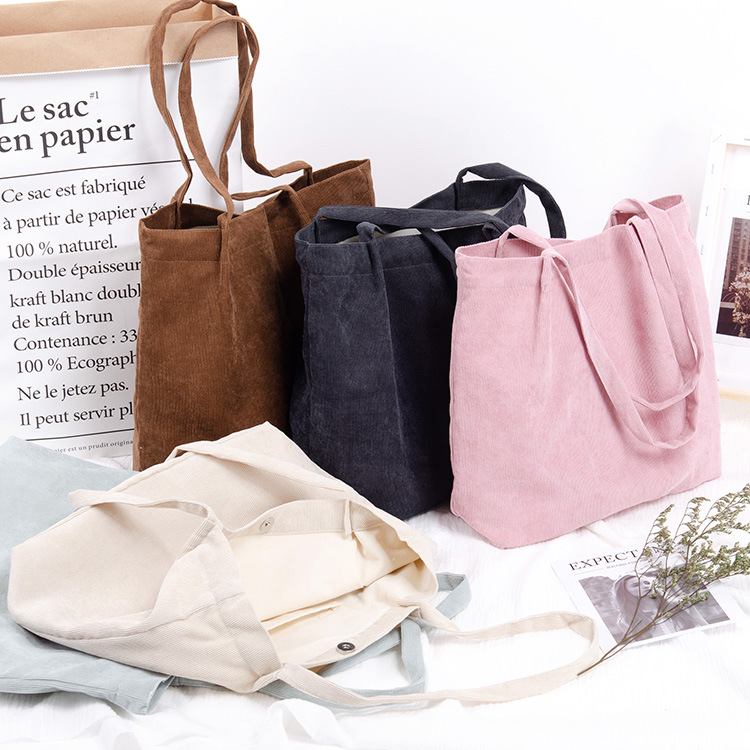 批发灯芯绒布袋韩版女学院风现货单肩帆布包百搭购物手提帆布袋