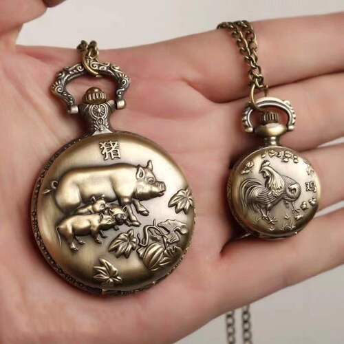 Large 12 Zodiac Creative Engraved Vintage Bronze Cuff Watch with Chain, Accompanied by a Small Quartz Watch with Hinged Cover