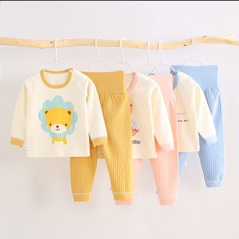 Infants and Young Kidsren Autumn and Winter Pure Cotton High-Waist Intimates Set 1-5 Years Old Boys and Girls Autumn Clothes and Long Pants Cartoon Print