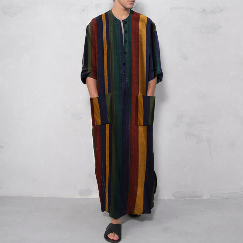 2026 Spring and Autumn Men's Printed Striped Long Robe Men's Long Sleeve Shirt Traditional Style Robe Retro Style 2026 Spring and Autumn Men's Printed Striped Long Robe Men's Long Sleeve Shirt Traditional Style Robe Retro Style
