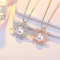 跨境配飾雪花珍珠吊墜女歐美超閃鋯石氣質甜美項鍊短款鎖骨鏈批發