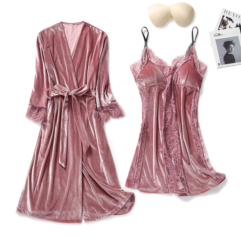 Deep V Lace Sling Nightgown Women's Autumn and Winter Home Clothes Nightgown Two-piece Sexy Gold Velvet Pajamas Women Deep V Lace Sling Nightgown Women's Autumn and Winter Home Clothes Nightgown Two-piece Sexy Gold Velvet Pajamas Women