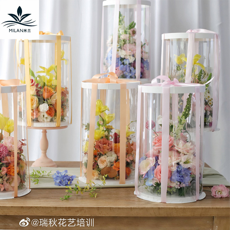 韩式圆形蛋糕鲜花礼盒PVC透明鲜花包装盒手捧花抱抱桶花盒手提盒