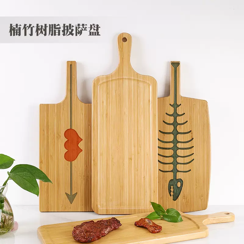 创意楠竹树脂披萨盘竹制烧烤托盘带柄寿司台个性点心盘子酒店用品