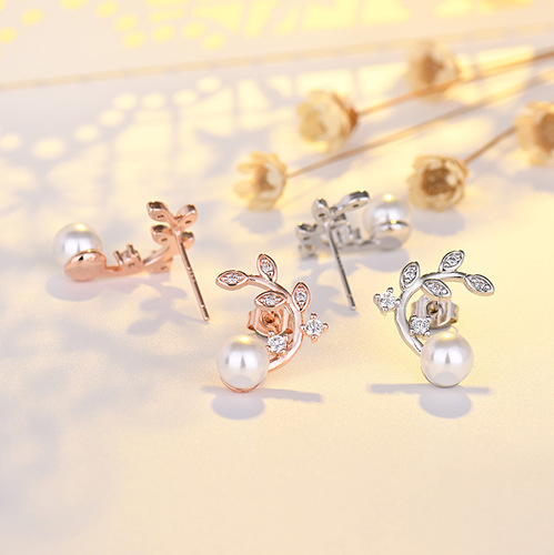 Pure Silver Korean Gentle Small Pearl Accents Zirconia Leaf Earrings for Women - Cherry Blossom Tree Leaf Design, Hypoallergenic