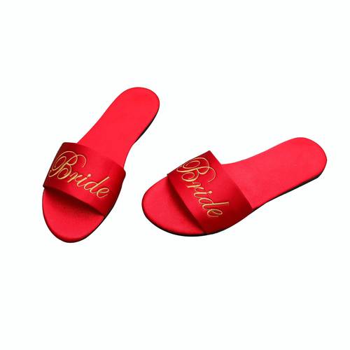 Embroidered new wedding bridesmaid slippers for women newlyweds satin red slippers wedding bride dressing gown matching shoes for women