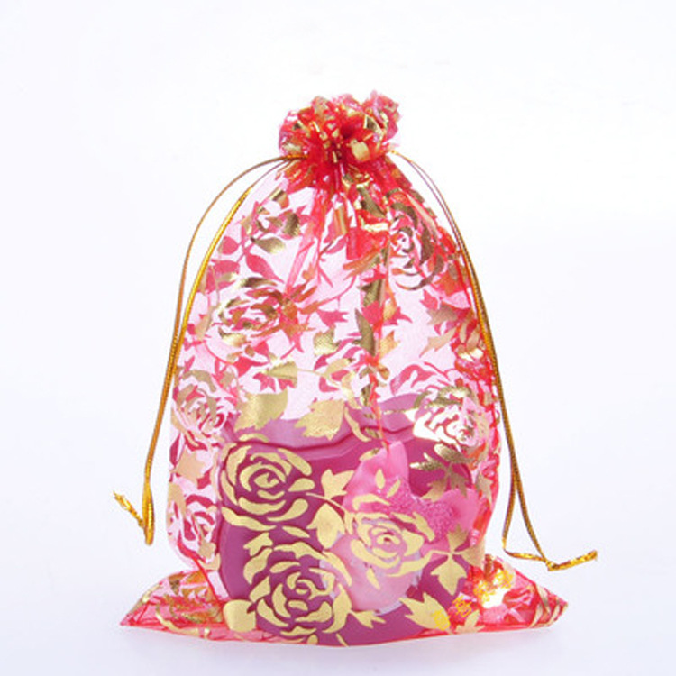 厂家定婚庆伴手礼品袋 烫金玫瑰花纹 喜庆纱袋 烫金烫银网纱袋