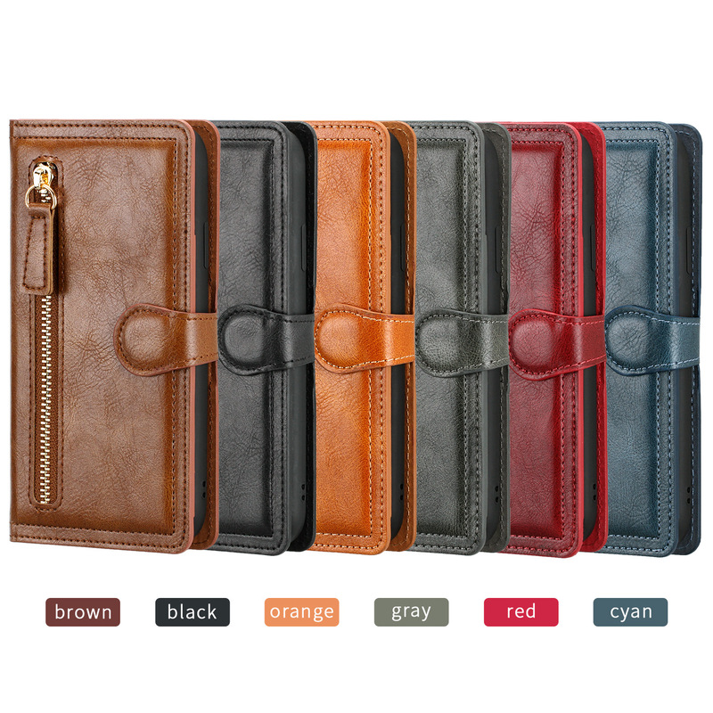 Foreign Trade Suitable Iphone17Promax Mobile Phone 16Pro Zipper Leather Case Apple 15 Retro Card Holder Samsung S