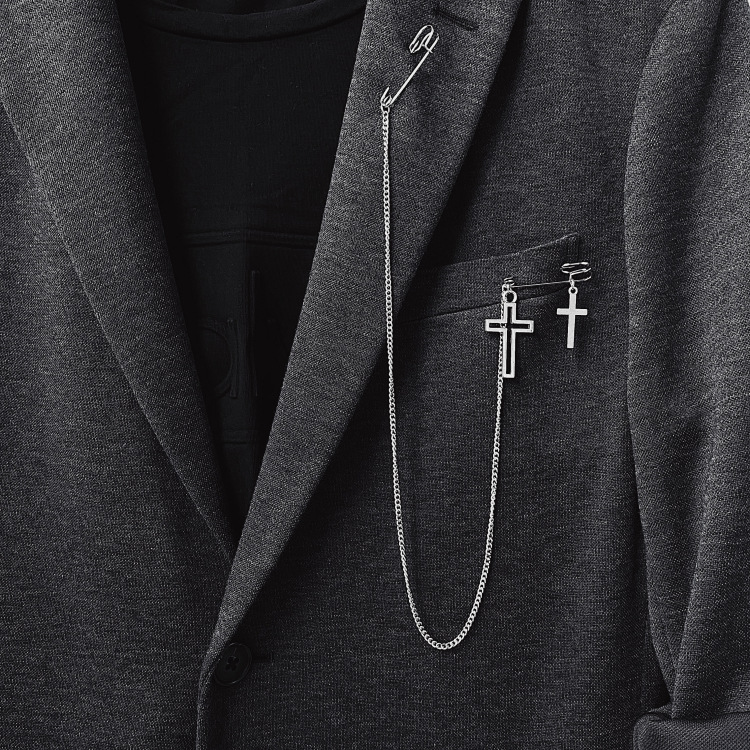 European and American punk pendant pin chain buckle pin men's and women's long cross brooch pendant JK suit accessories for men and women