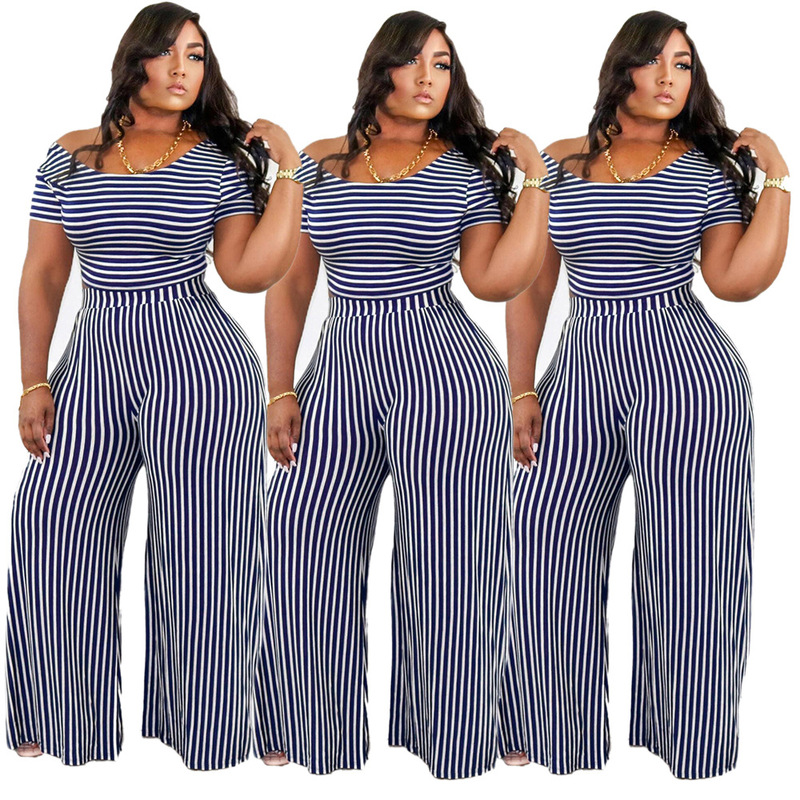 PP011 European and American Sexy Women's Stripe Printed Wide Neck Short Sleeve Fashionable Large Size Loose Casual Women's Suit PP011 European and American Sexy Women's Stripe Printed Wide Neck Short Sleeve Fashionable Large Size Loose Casual Women's Suit