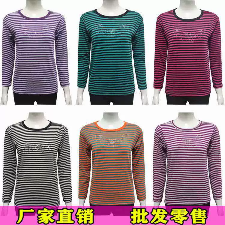 Весенне-осенний стиль 2024 года для женщин среднего и пожилого возраста, топ с цветными блоками, футболка с длинными рукавами, одежда для мам, круглый вырез, доступны на местных рынках и уличных лотках.