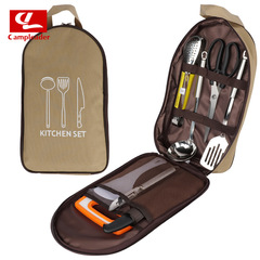 Outdoor cookware set 201 stainless steel camping cookware portable carrying storage bag picnic bag 8-piece set beige