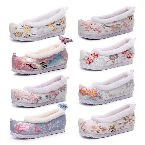 Bow shoes, Hanfu shoes, ancient style women's embroidered cloth shoes, inner heightening cocked toe costume shoes for students