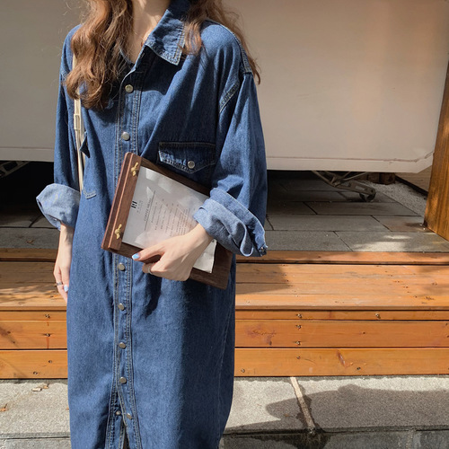 Actual shot of homemade designer long-sleeved denim shirt dress for women Korean style slimming dress