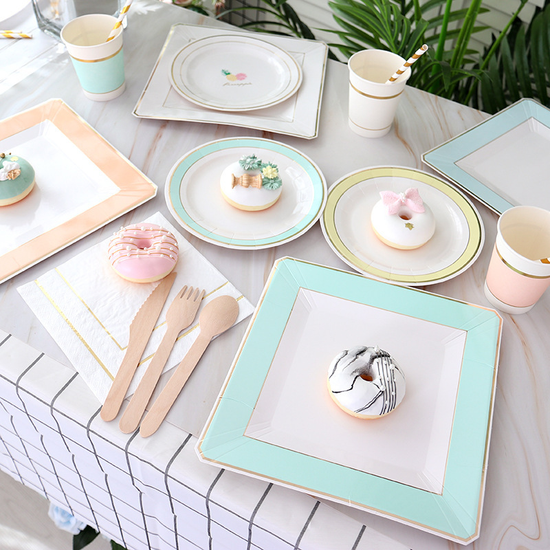 Party Tableware Disposable Bronzing Paper Tray Paper Cup Birthday Party Party Dessert Table Decoration Cake Plate