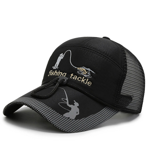 Wide-brimmed mesh cap for men, summer fashion, sporty, breathable, drawstring sun hat, outdoor cycling, baseball cap, windproof duckbill hat