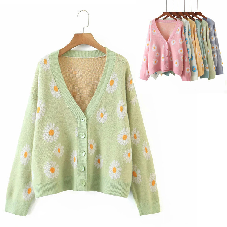 Korean Style Fresh Sweet Daisy Jacquard Cardigan Sweater Women's Autumn and Winter New Fashion V-neck Knitted Coat Wool