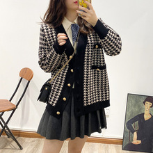 跨境女装秋冬季法式小香风毛衣千鸟格提花外套V领气质针织开衫女