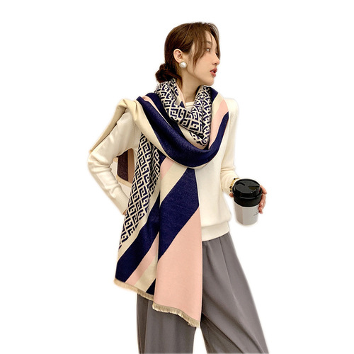 Korean version thickened scarf for women winter new letter color-blocking imitation cashmere double-sided warm summer air-conditioned room shawl scarf