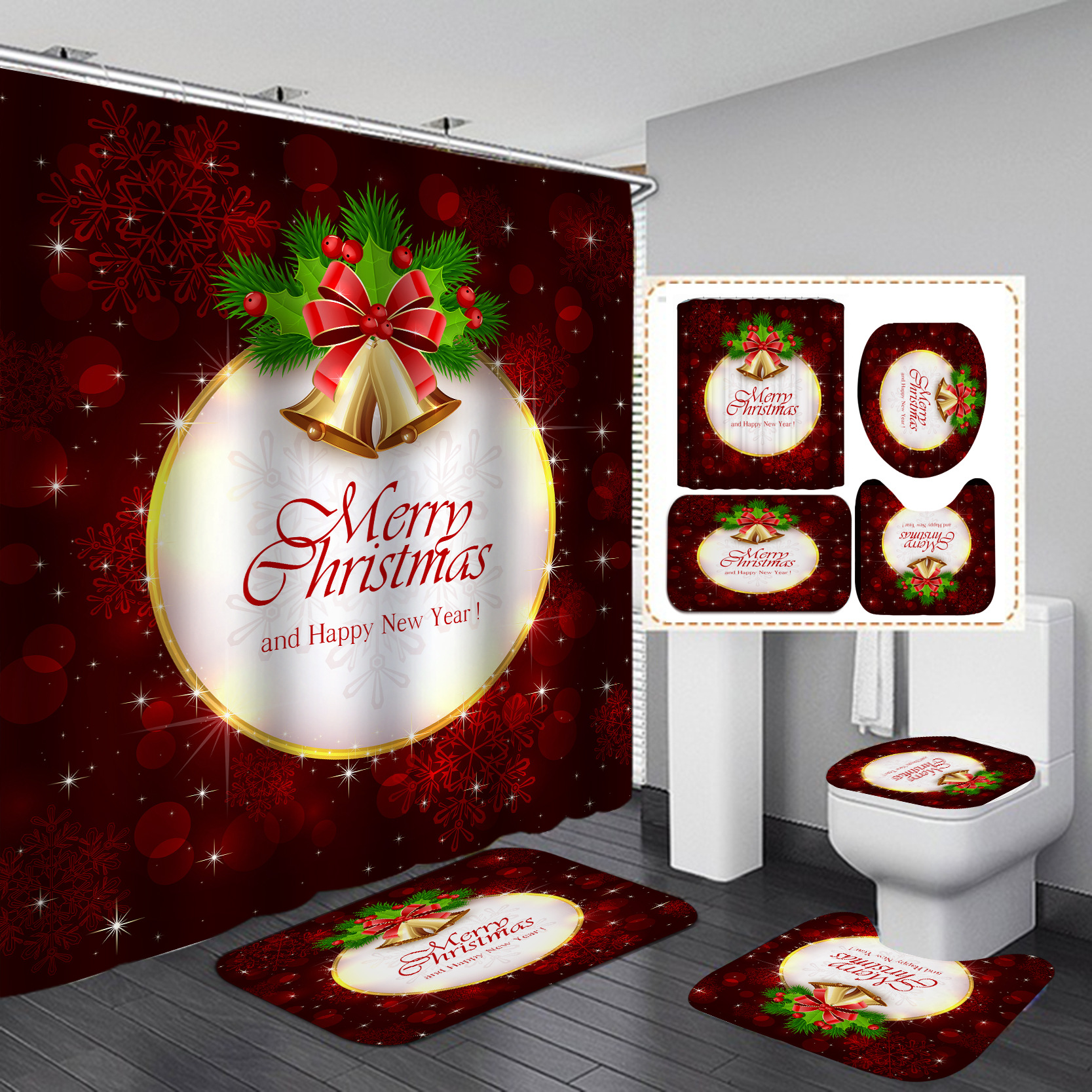 Suministro directo de fábrica Navidad nueva venta caliente transfronteriza Amazon HD Impresión digital impermeable poliéster baño Cortina de ducha