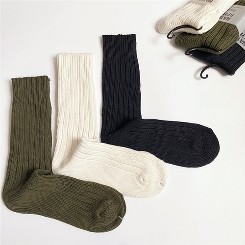 Couple style, original color striped long thick thread cotton socks, trendy Hong Kong style thick needle versatile thick workwear men's socks for all seasons