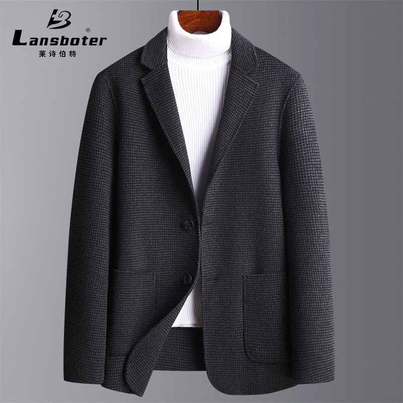 Áo vest nam dạ lông cừu hai mặt may thủ công họa tiết ca rô, dáng ôm, tay dài — Màu cà phê, Vàng sáng, Xám nhạt, Đen Xám
