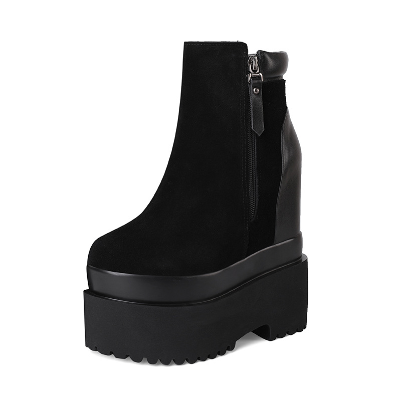 Boot nữ cổ thấp da lộn gót siêu cao 16 cm đế dày tăng chiều cao — Lót lông đen