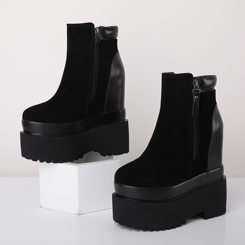 Boot nữ cổ thấp da lộn gót siêu cao 16 cm đế dày tăng chiều cao — Lót lông đen