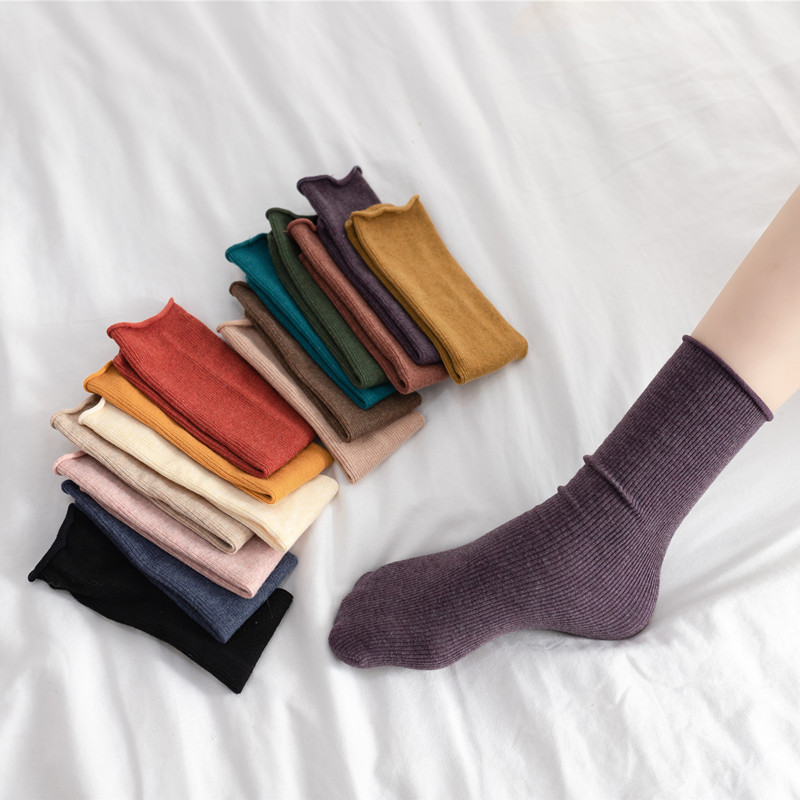 Calcetines de pila para mujer Otoño e Invierno gruesos de Cachemira delgada a rayas de color sólido calcetines de media pantorrilla de corte suelto curling calcetines de confinamiento de mujeres embarazadas