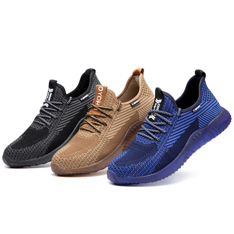 Zapatos de protección laboral puntera de acero para hombres anti-aplastante anti-perforación volador tejido transpirable ligero inferior suave resistente al desgaste sitio de construcción zapatos de seguridad zapatos de trabajo
