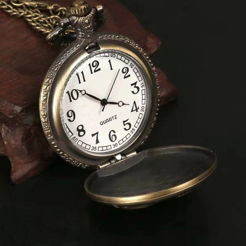 Large 12 Zodiac Creative Engraved Vintage Bronze Cuff Watch with Chain, Accompanied by a Small Quartz Watch with Hinged Cover