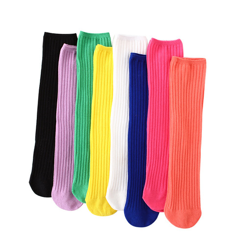 New spring and autumn children's socks candy color solid color wide vertical strip high socks girls mid-calf socks baby over-the-knee socks