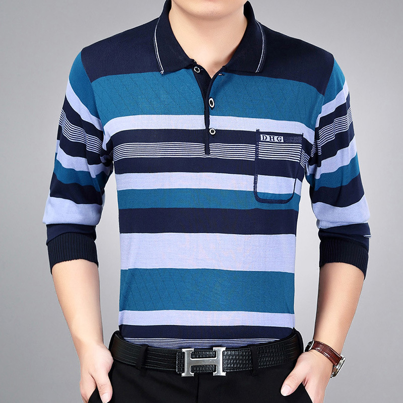 Men's Long-Sleeved T-Shirt, Men's Collared Striped Knitwear, Middle-Aged and Elderly Short-Sleeved Men's Sweater, Business Casual Men's Long-Sleeved T-Shirt, Men's Collared Striped Knitwear, Middle-Aged and Elderly Short-Sleeved Men's Sweater, Business Casual